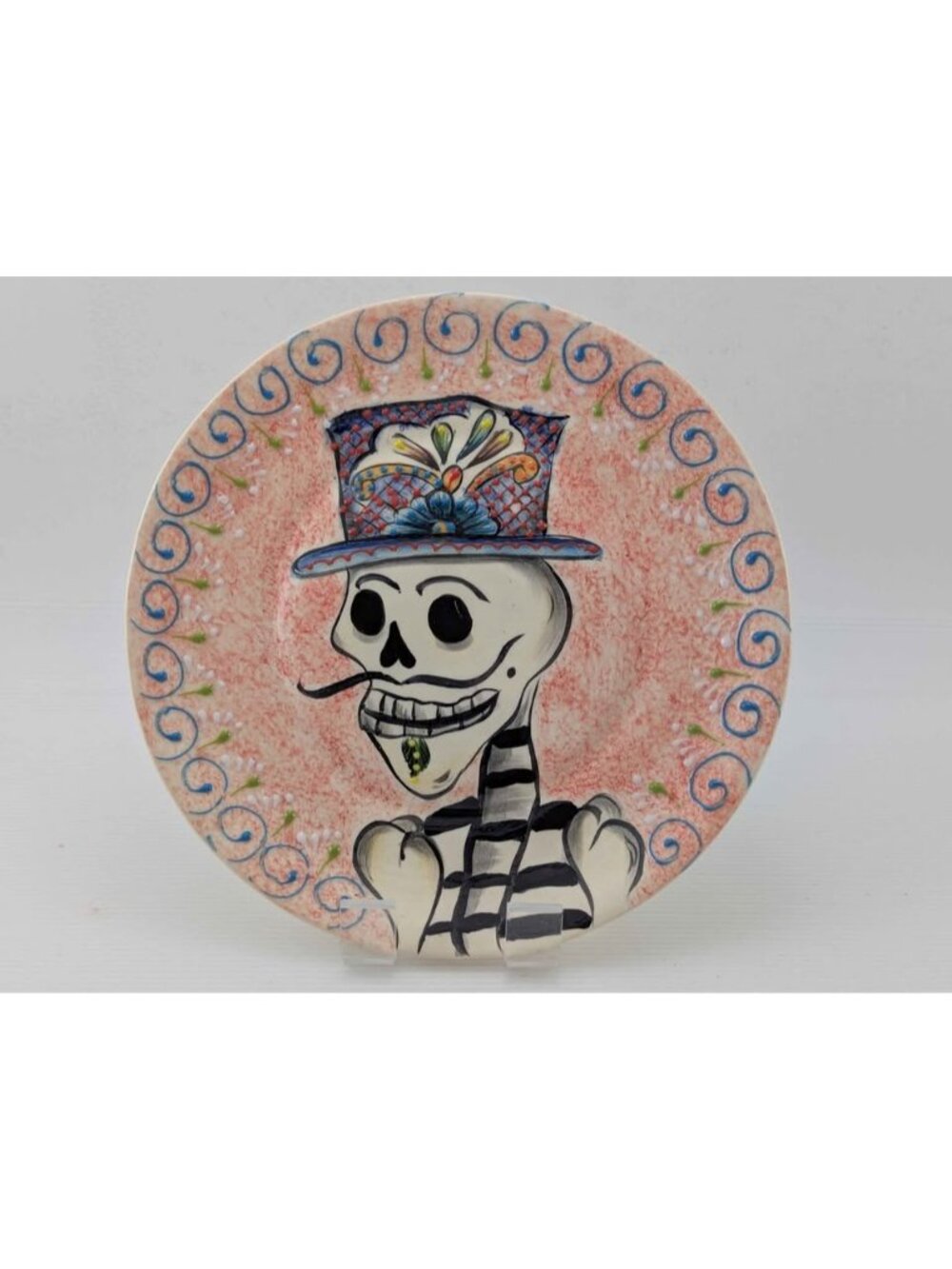 Vintage Mexican Folk Art Skeleton Plate - Day of the Dead Ceramic Decor